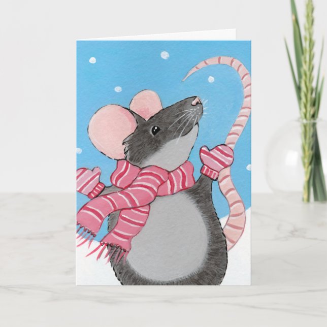 Happy Mouse in Snow Christmas Card (Front)