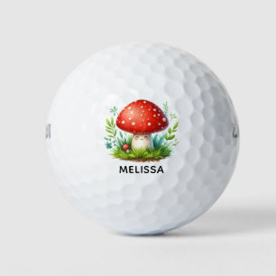Happy Mushroom Redcap Illustration Custom Name Golf Balls