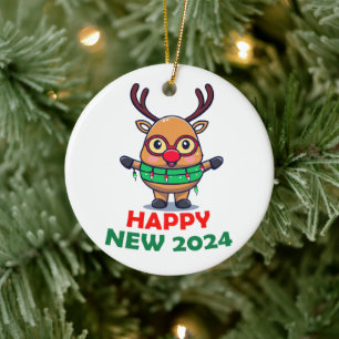Happy New 2024 Year Reindeer Ceramic Tree Decoration