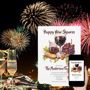 Happy New Sipness Watercolor Cheese & Wine Design Invitation