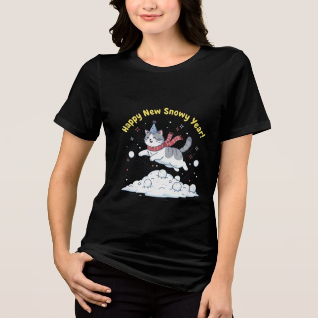 Happy New Snowy Year 2026 Cute Cat Winter Gift Tri-Blend Shirt (Front)