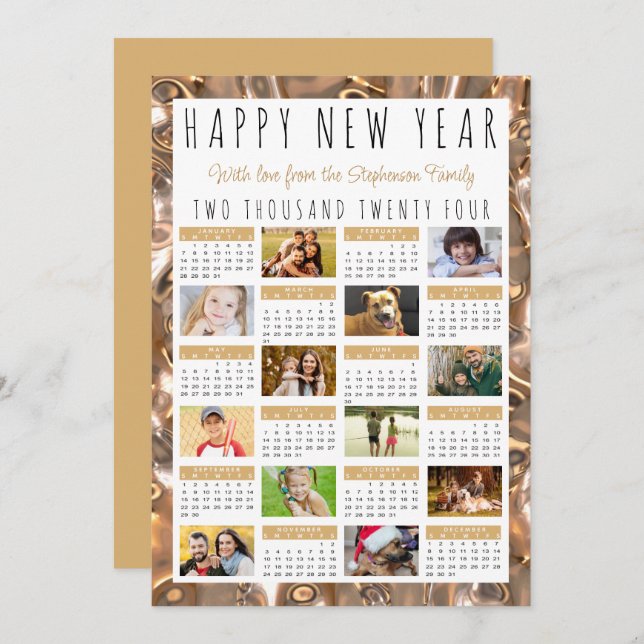 Happy New Year 12 Photos 2024 Calendar Gold Holiday Card (Front/Back)