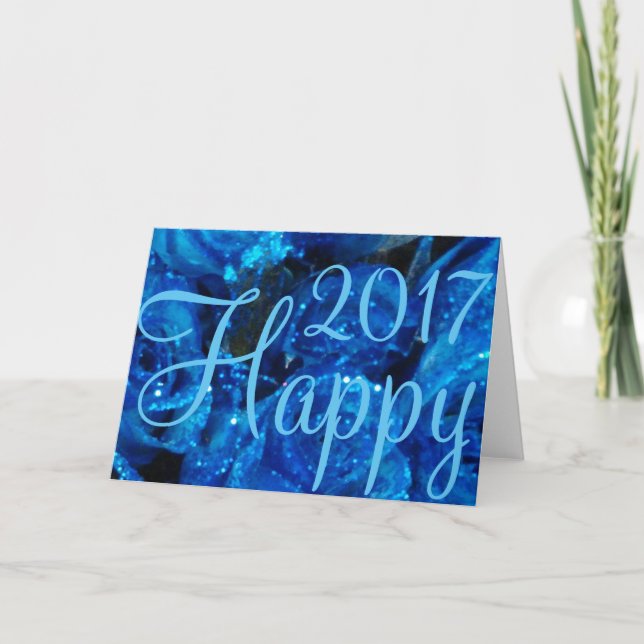 Happy New Year 2017 Festive Flower Card Blue Roses (Front)