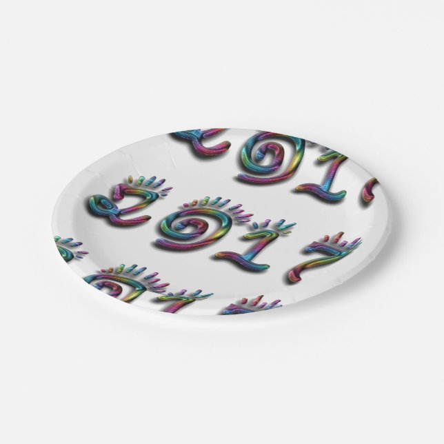 Happy New Year 2017 Rainbow Numbers Typography Paper Plate (Angled)