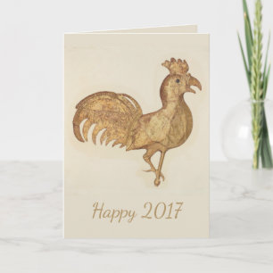 Happy New Year 2017 Rooster Vintage Watercolor Holiday Card