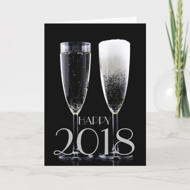Happy New Year 2018 Black White Champagne Flute Holiday Card (Front)