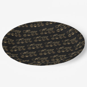 Happy New Year 2018 Elegant Black Gold Typography Paper Plate
