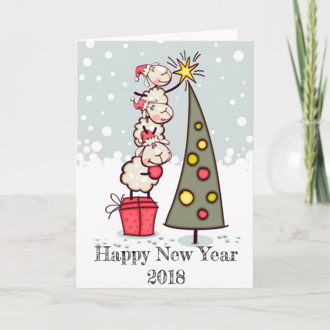 Happy New Year 2018 festive card (sheep / tree) (Front)