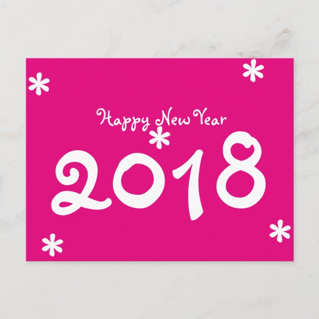 Happy New Year 2018 Hot Pink White Star Typography Holiday Postcard (Front)