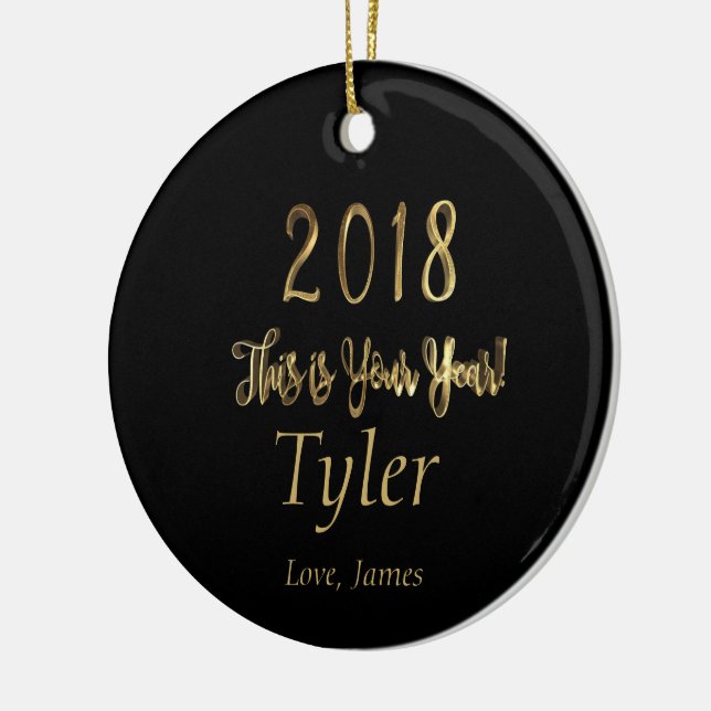 Happy New Year 2018 Motivational Typography Ceramic Tree Decoration (Left)
