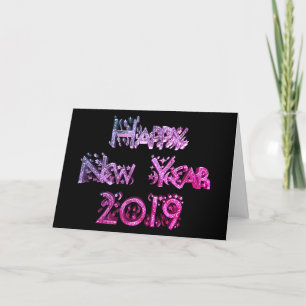 Happy New Year 2019 Black and Pink Stars Text Holiday Card