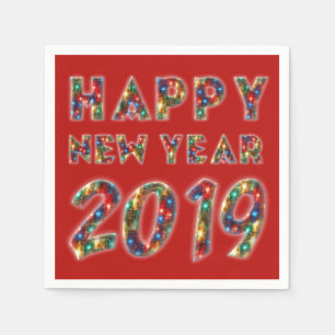 Happy New Year 2019 Colourful Fireworks Lights Red Napkin