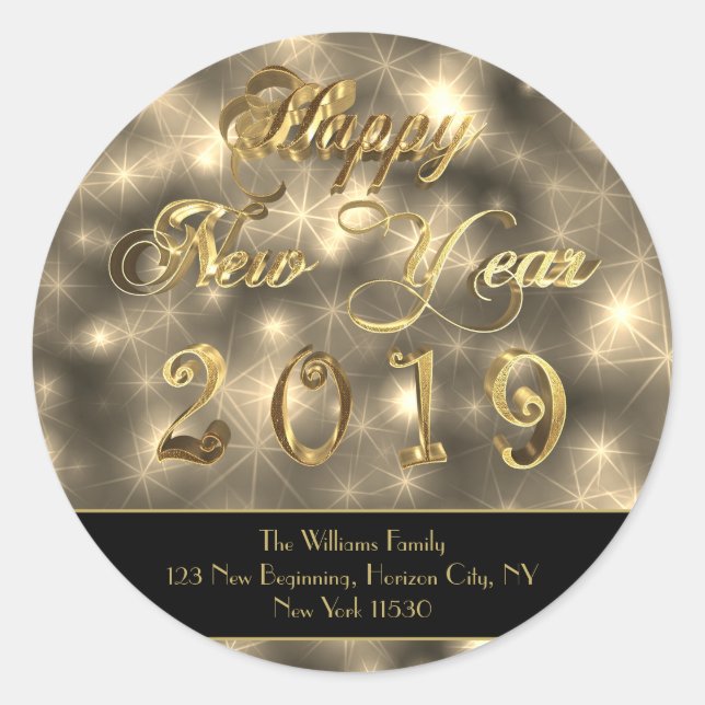 Happy New Year 2019 Elegant Black and Gold Stars Classic Round Sticker (Front)