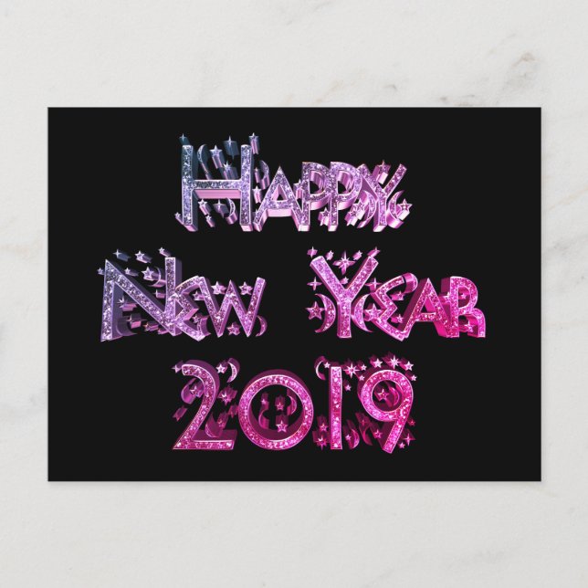 Happy New Year 2019 Elegant Black Pink Stars Text Holiday Postcard (Front)