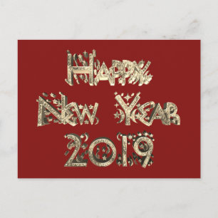 Happy New Year 2019 Elegant Red Golden Stars Text Holiday Postcard