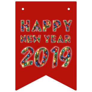 Happy New Year 2019 Party Fireworks Typography Red Bunting