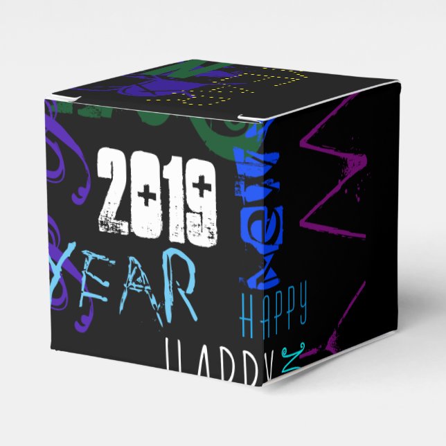 Happy New Year 2019 Pop Colours Favour Cube Box (Front Side)