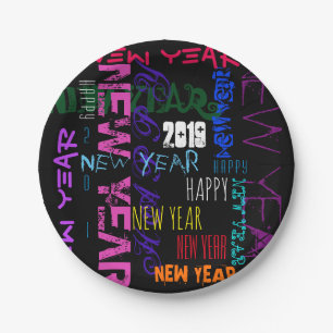 Happy New Year 2019 Pop Colours Paper Plate