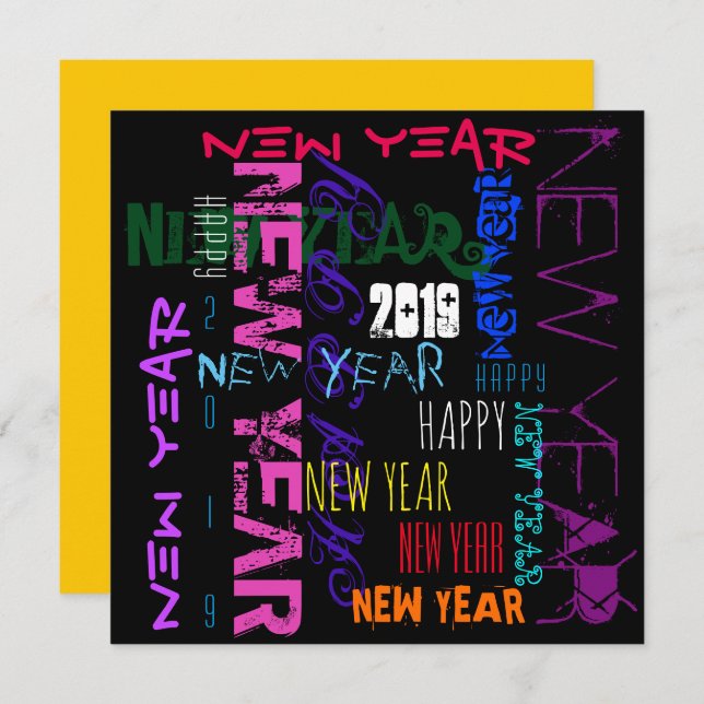 Happy New Year 2019 Pop Colours Square Flat Card (Front/Back)