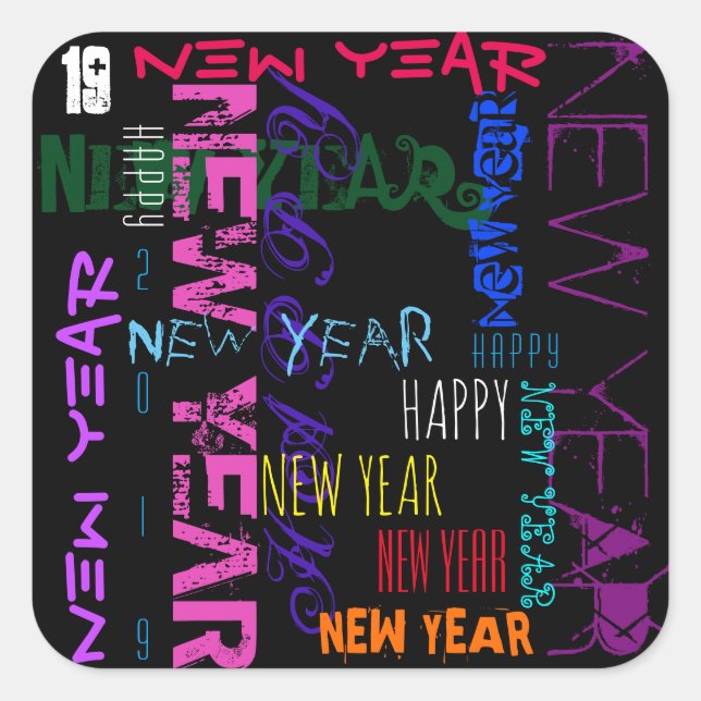 Happy New Year 2019 Pop Colours Square Sticker (Front)