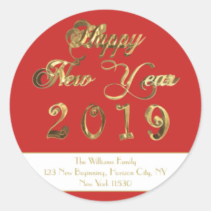 Happy New Year 2019 Red and White Gold Script Classic Round Sticker