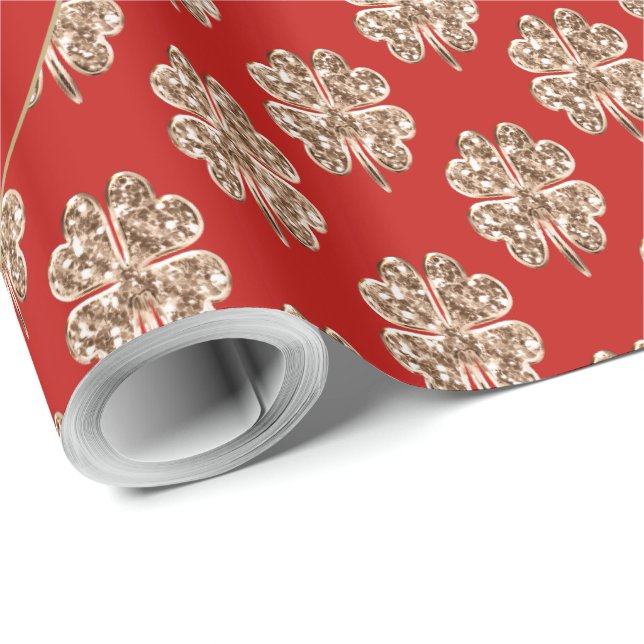Happy New Year 2019 Red Elegant Faux Gold Clovers Wrapping Paper (Roll Corner)