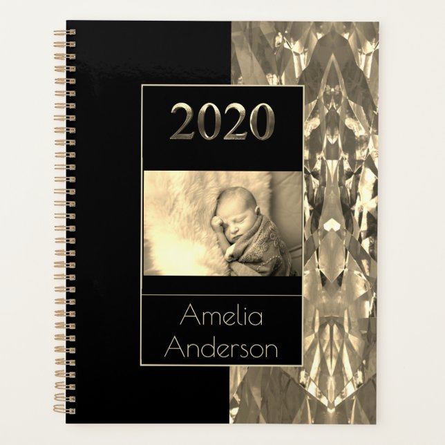 Happy New Year 2020 Black and Gold Sepia Photo Planner (Front)