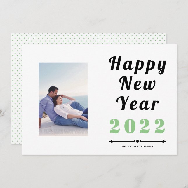 Happy New Year 2021 bold typography sage photo Holiday Card (Front/Back)