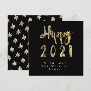 Happy New Year 2021 Chic White Gold Script Black Holiday Card