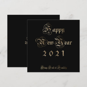 Happy New Year 2021 Elegant Black and Gold Script Holiday Card