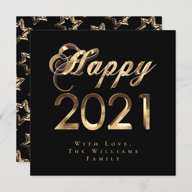 Happy New Year 2021 Elegant Black and Gold Script Holiday Card (Front/Back)
