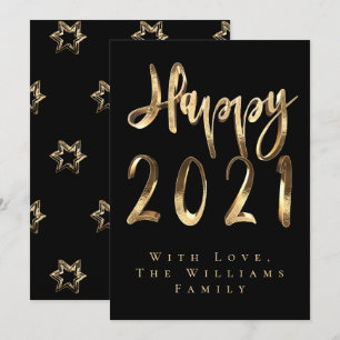 Happy New Year 2021 Elegant Black and Gold Stars Holiday Card
