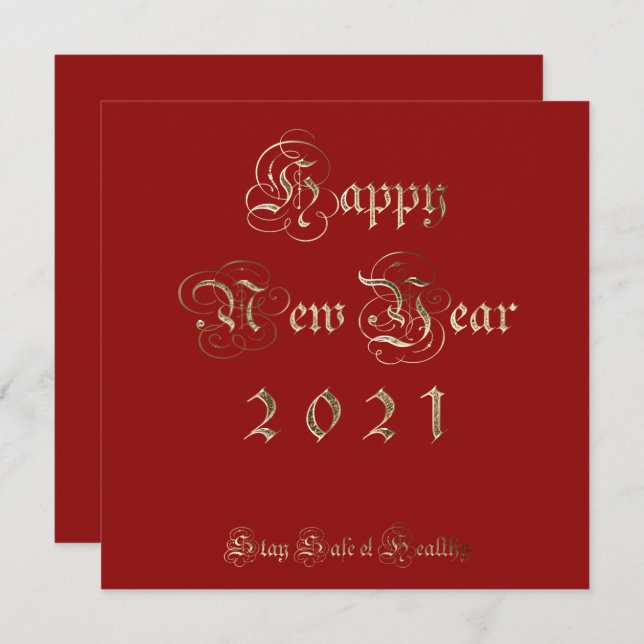 Happy New Year 2021 Elegant Red and Gold Script Holiday Card (Front/Back)
