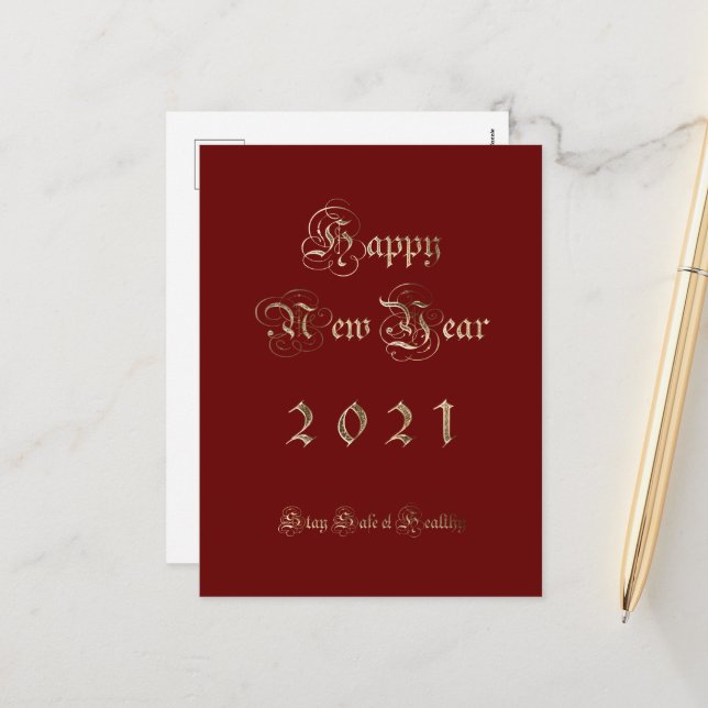 Happy New Year 2021 Elegant Red and Gold Script Holiday Postcard (Front/Back In Situ)