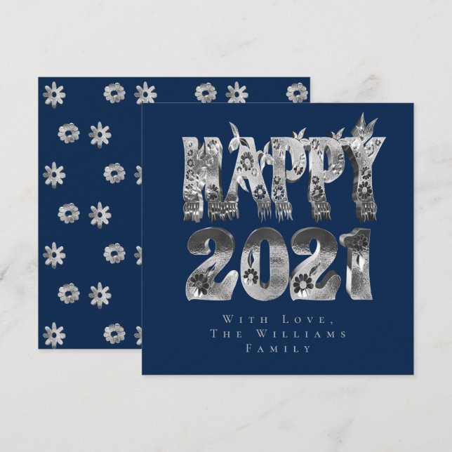Happy New Year 2021 Floral Silver Grey Script Blue Holiday Card (Front/Back)