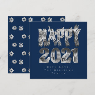 Happy New Year 2021 Floral Silver Grey Script Blue Holiday Card