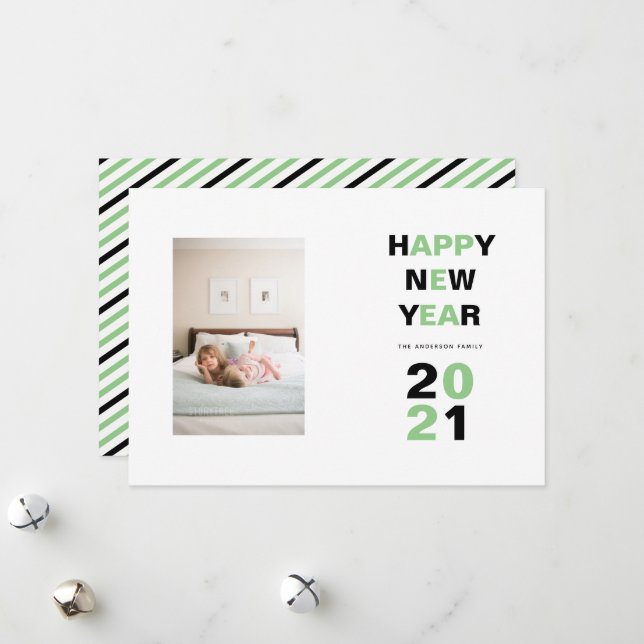 Happy New Year 2021 green, black typography photo Holiday Card (Front/Back In Situ)
