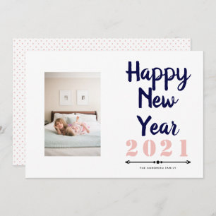 Happy New Year 2021 typography navy blush photo Holiday Card