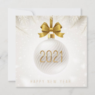 Happy New Year 2021 White Gold Ornament Snowfall Holiday Card