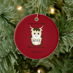 Happy New Year 2021 Year of the Ox Ceramic Tree Decoration