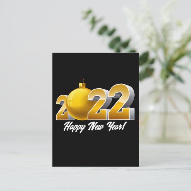 Happy New Year 2022 Design with Gold Glass Ball Postcard (Standing Front)