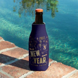 Happy New Year 2022, Holiday Gold Glitter Festive Bottle Cooler