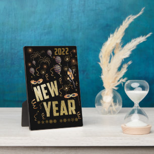Happy New Year 2022, Holiday Gold Glitter Festive Plaque