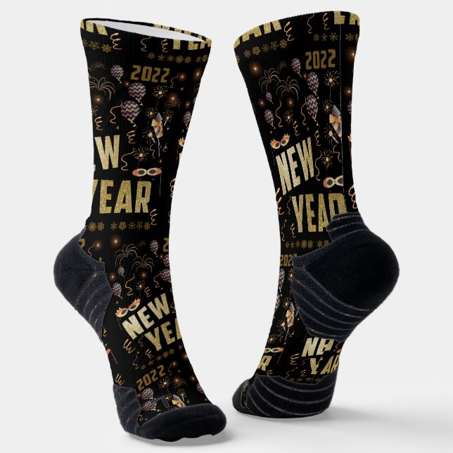 Happy New Year 2022, Holiday Gold Glitter Festive  Socks (Angled)