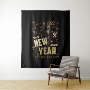 Happy New Year 2022, Holiday Gold Glitter Festive Tapestry