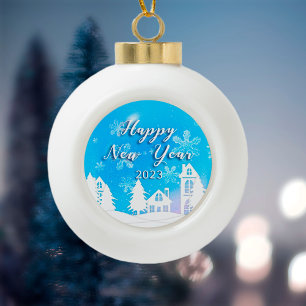 Happy New Year 2023 Blue White House Snow  Ceramic Ball Christmas Ornament