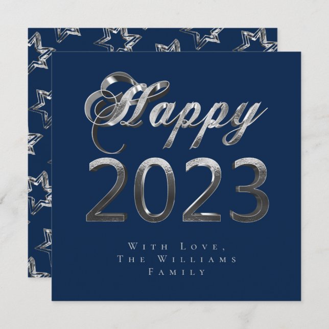 Happy New Year 2023 Chic Blue Silver Grey Script Holiday Card (Front/Back)