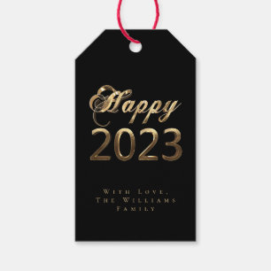 Happy New Year 2023 Chic Script Black and Gold Gift Tags