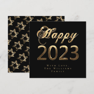 Happy New Year 2023 Chic Script Black and Gold Holiday Card