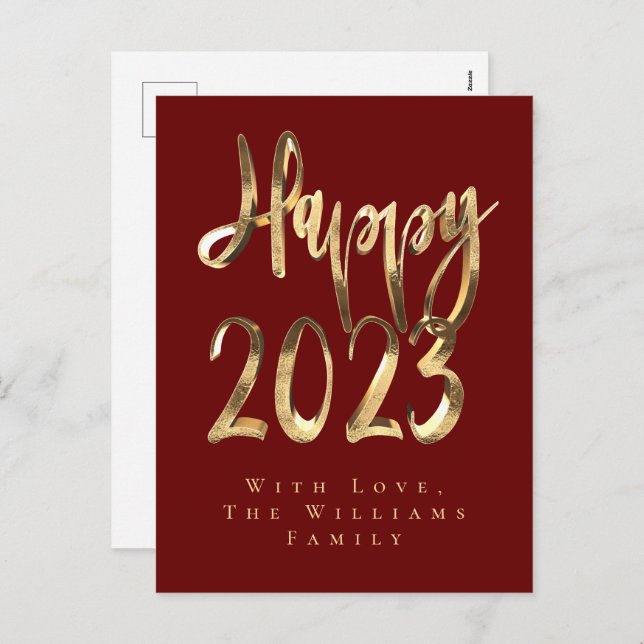 Happy New Year 2023 Elegant Red and Gold Script Holiday Postcard (Front/Back)